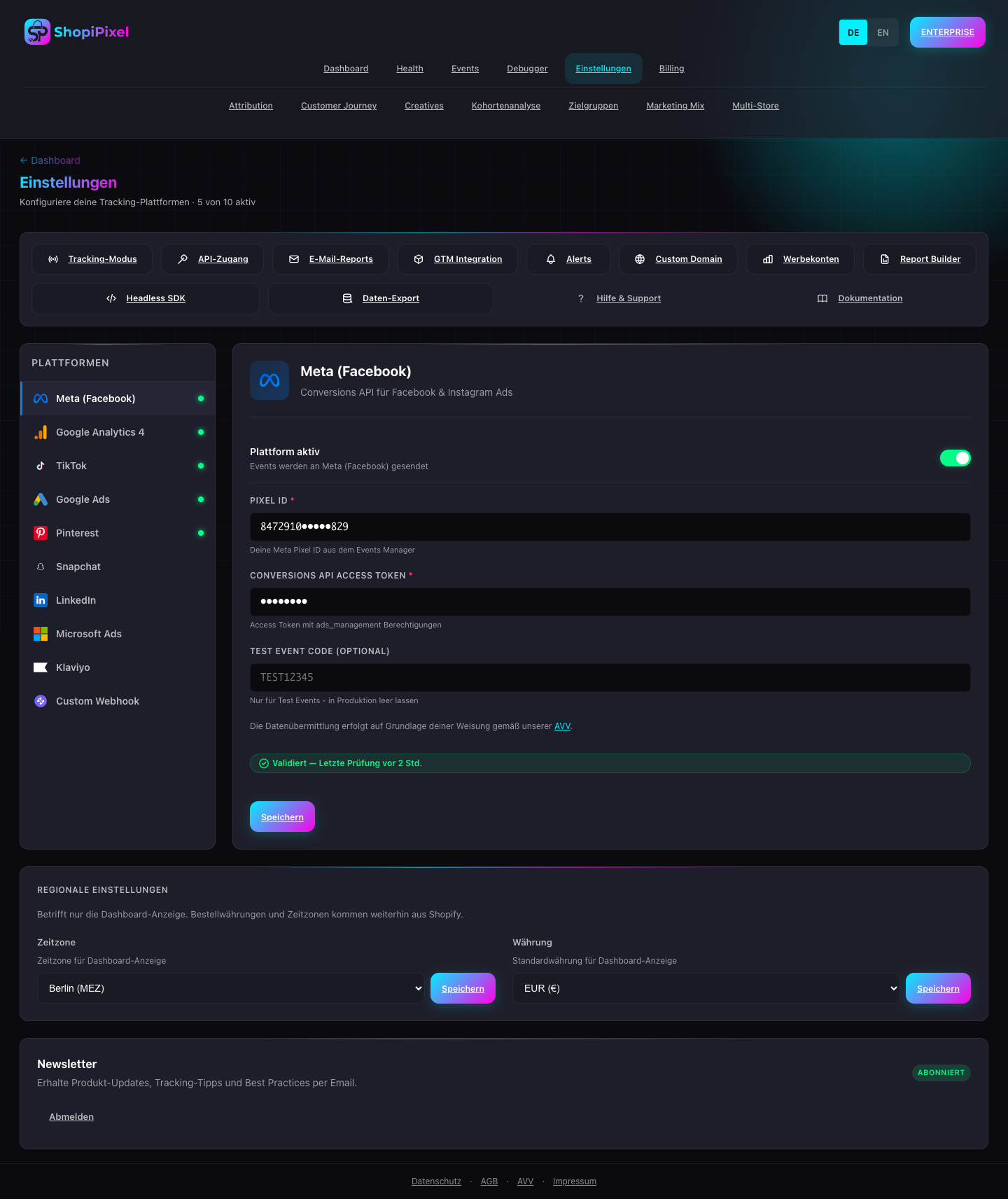 All 10 platforms at a glance — select a platform on the left and enter your credentials on the right.