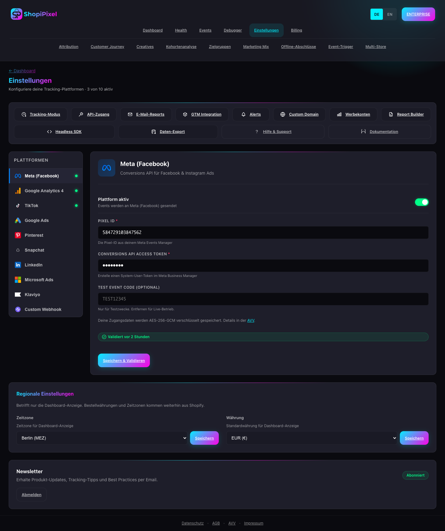This is what the tracking settings look like — configure tracking mode, event distribution and consent here.